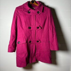 St. John’s Bay Wool Blend Peacoat Removable Hood Dark Hot Pink-Black Button Sz L